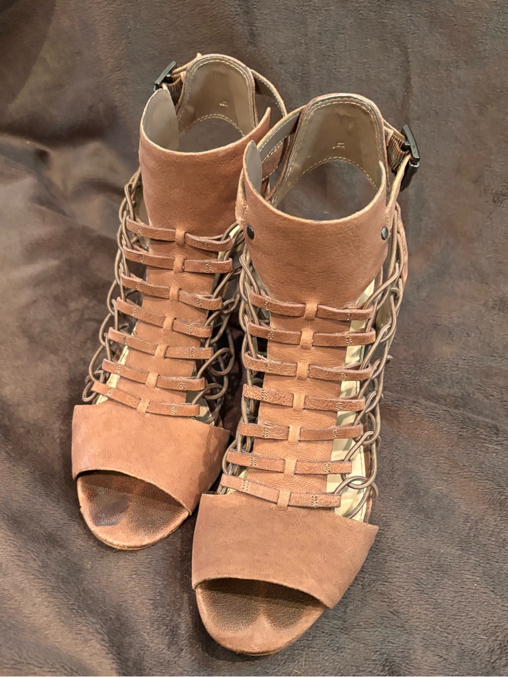 Vince Camuto Brown Suede Strappy Gladiator Peep-Toe Heels • Size 10.5